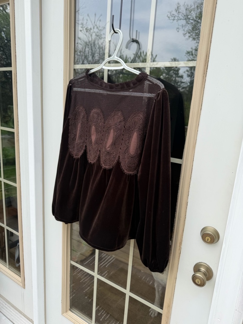 NWT Women's Brown Velvet Lace Yoke Long-Sleeve Top